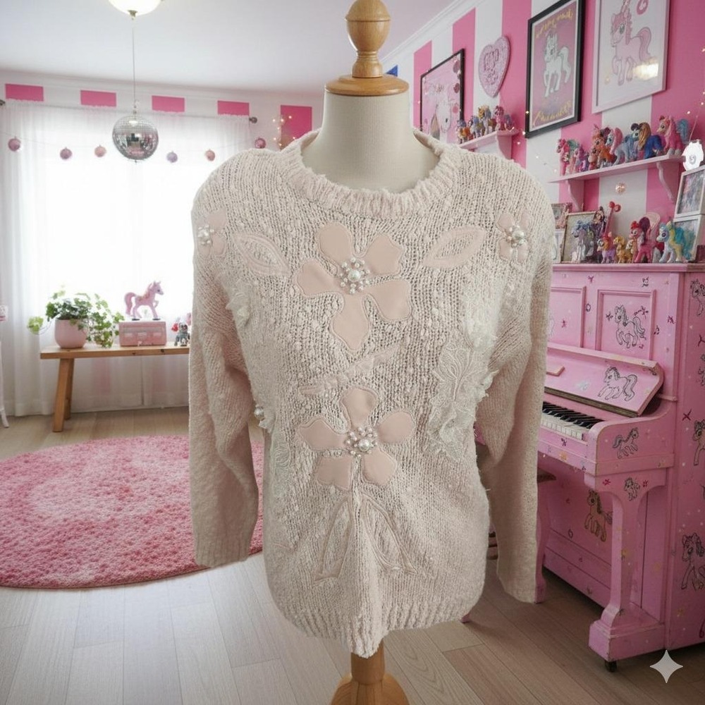 ImPromptu Vintage 80s Pink Pearl‎ Flower Beaded Knit Sweater M